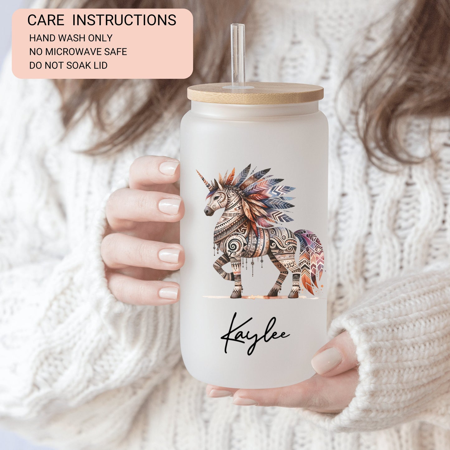 Personalized Unicorn Frosted Glass Cup - Custom Native Unicorn Tumbler for Iced Coffee Lovers