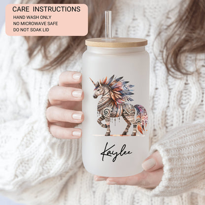 Personalized Unicorn Frosted Glass Cup - Custom Native Unicorn Tumbler for Iced Coffee Lovers
