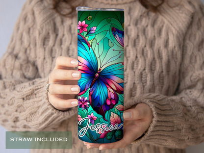 Personalized Stained Glass Butterfly Tumbler - Floral Gift for Butterfly Lovers and Women