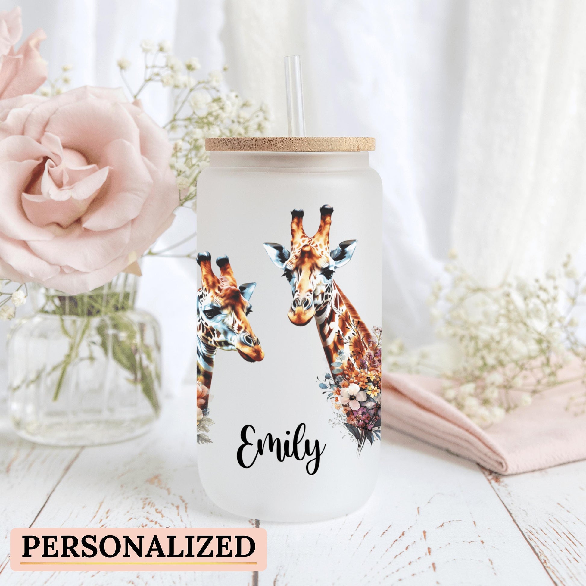 Custom giraffe iced coffee cup designed with a playful giraffe illustration ideal for gifting or everyday use