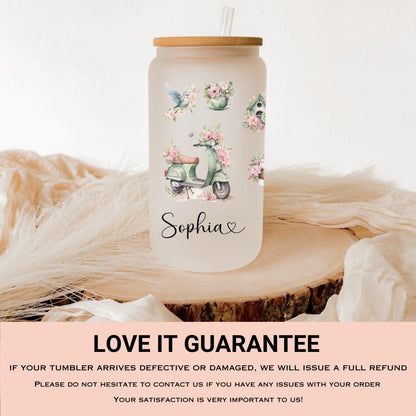 Personalized Romantic Frosted Glass Tumbler - Custom Floral Iced Coffee Cup