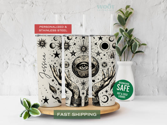 Three tumblers show all the sides of a personalized Magic Witch Hand Tumbler.