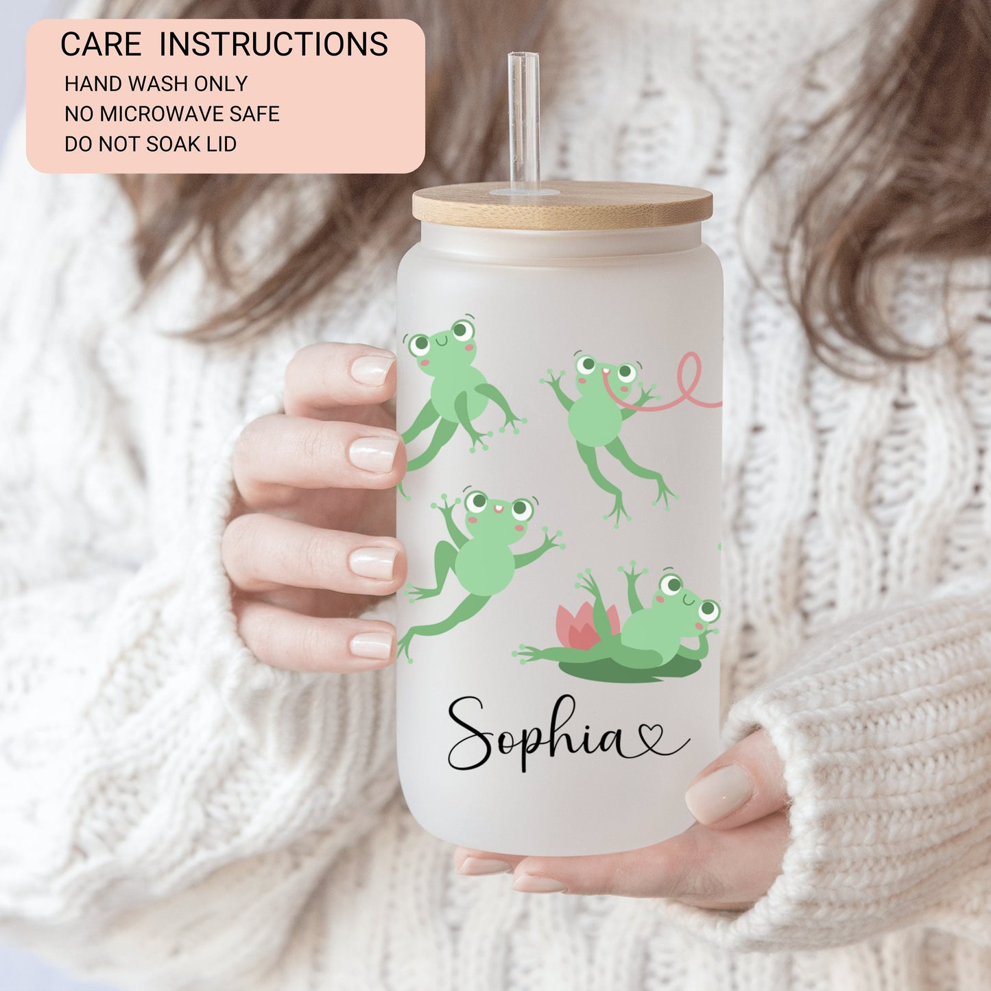 Personalized Frog Frosted Glass Tumbler - Custom Iced Coffee Cup for Frog Lovers