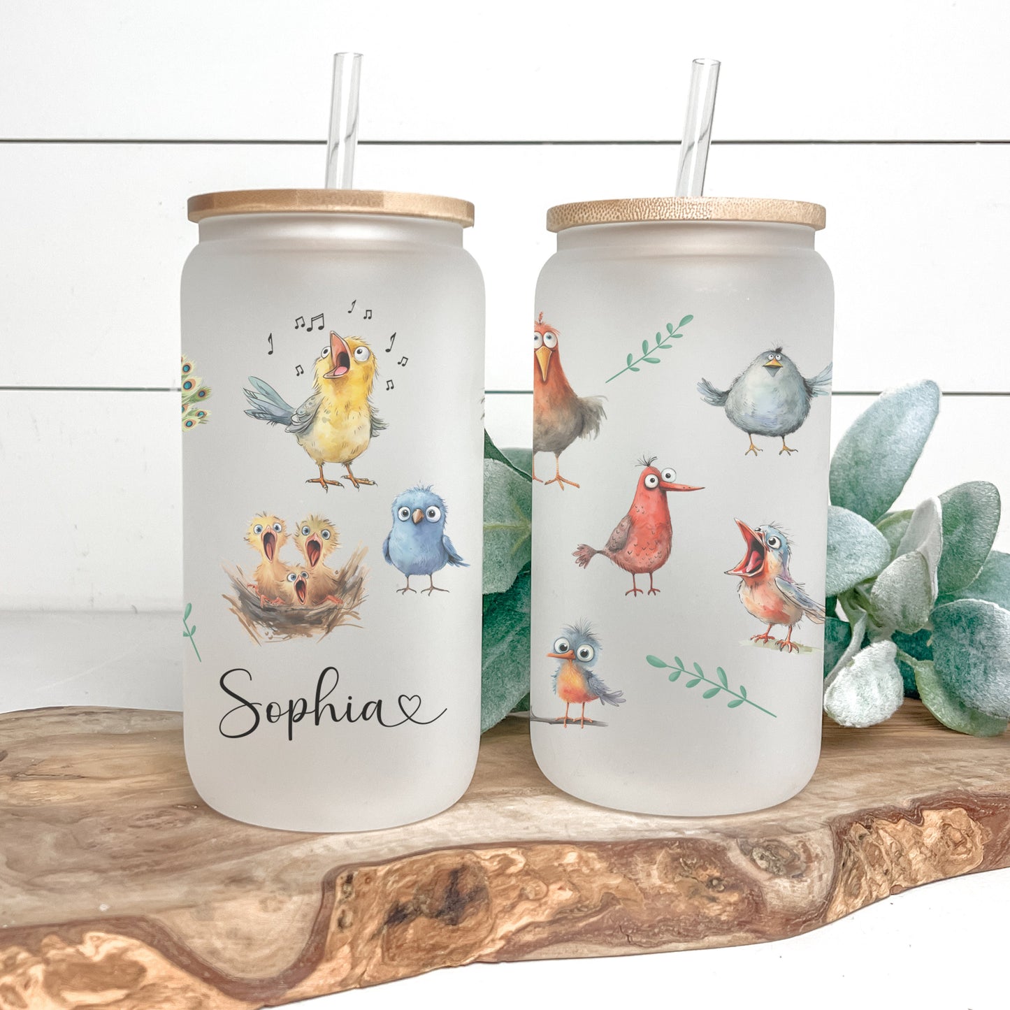 Personalized Funny Bird Glass Cup - Custom Frosted Tumbler for Iced Coffee