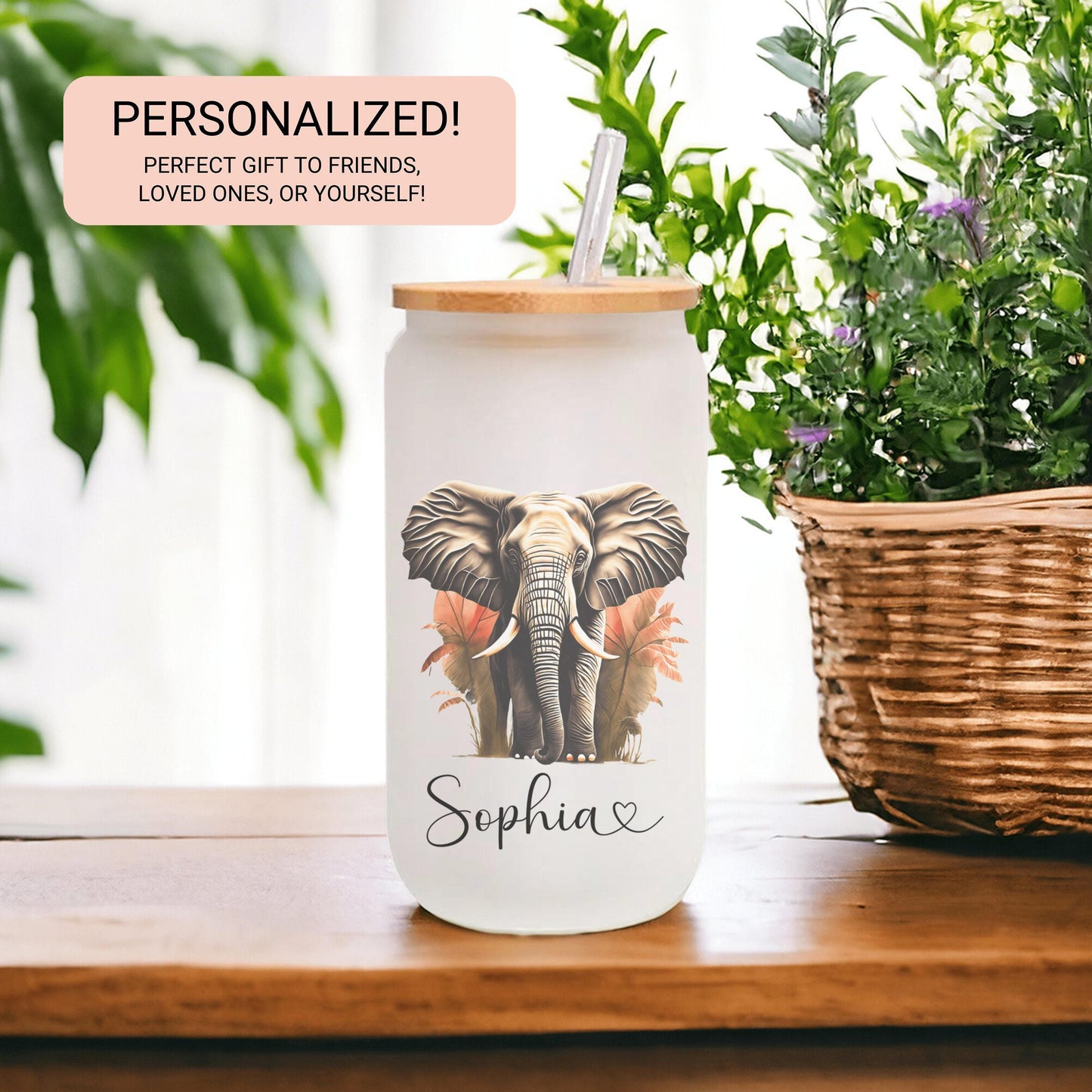 Personalized Elephant Glass Cup - Custom Frosted Iced Coffee Tumbler Gift for Her