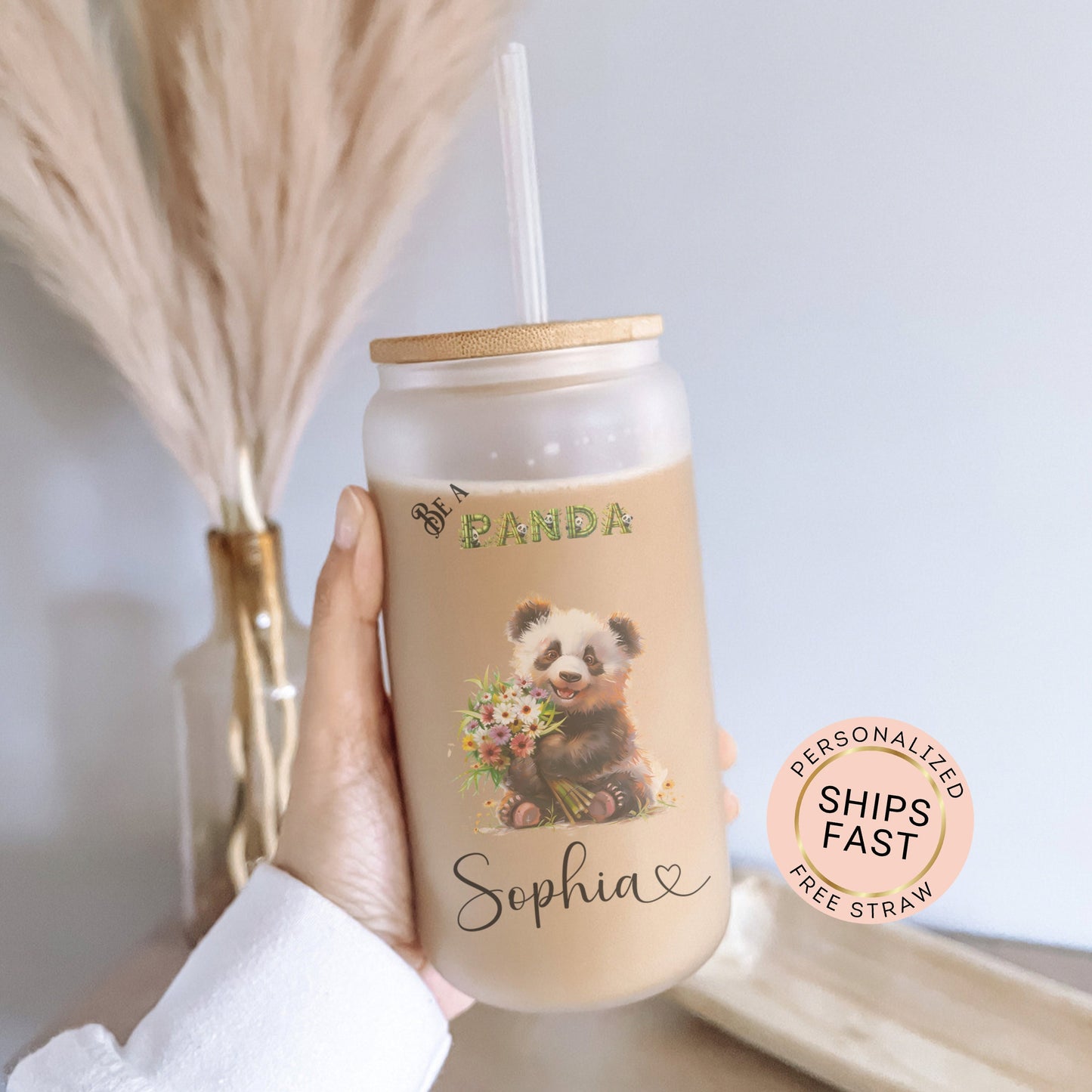Personalized Panda Glass Cup - Custom Frosted Tumbler for Coffee Lovers