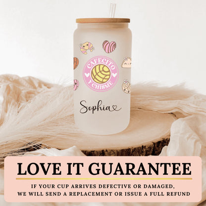 Bamboo lid glass tumbler featuring Cafecito y Chisme text perfect for enjoying café with a side of chisme and good vibes