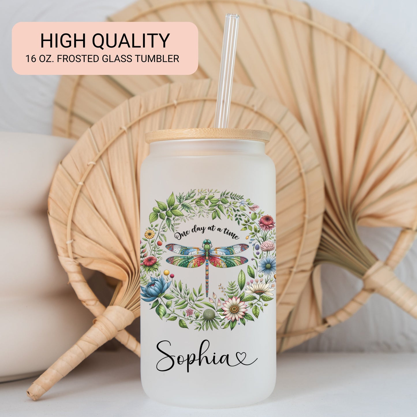 Personalized Dragonfly Frosted Glass Cup - Custom Tumbler for Coffee Lovers