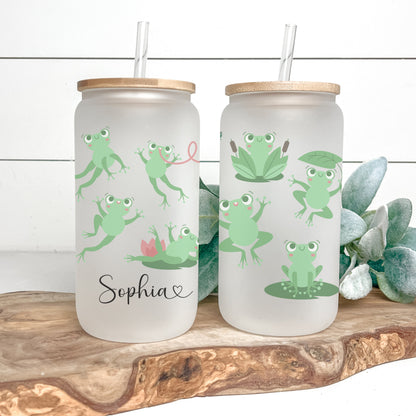 Personalized Frog Frosted Glass Tumbler - Custom Iced Coffee Cup for Frog Lovers