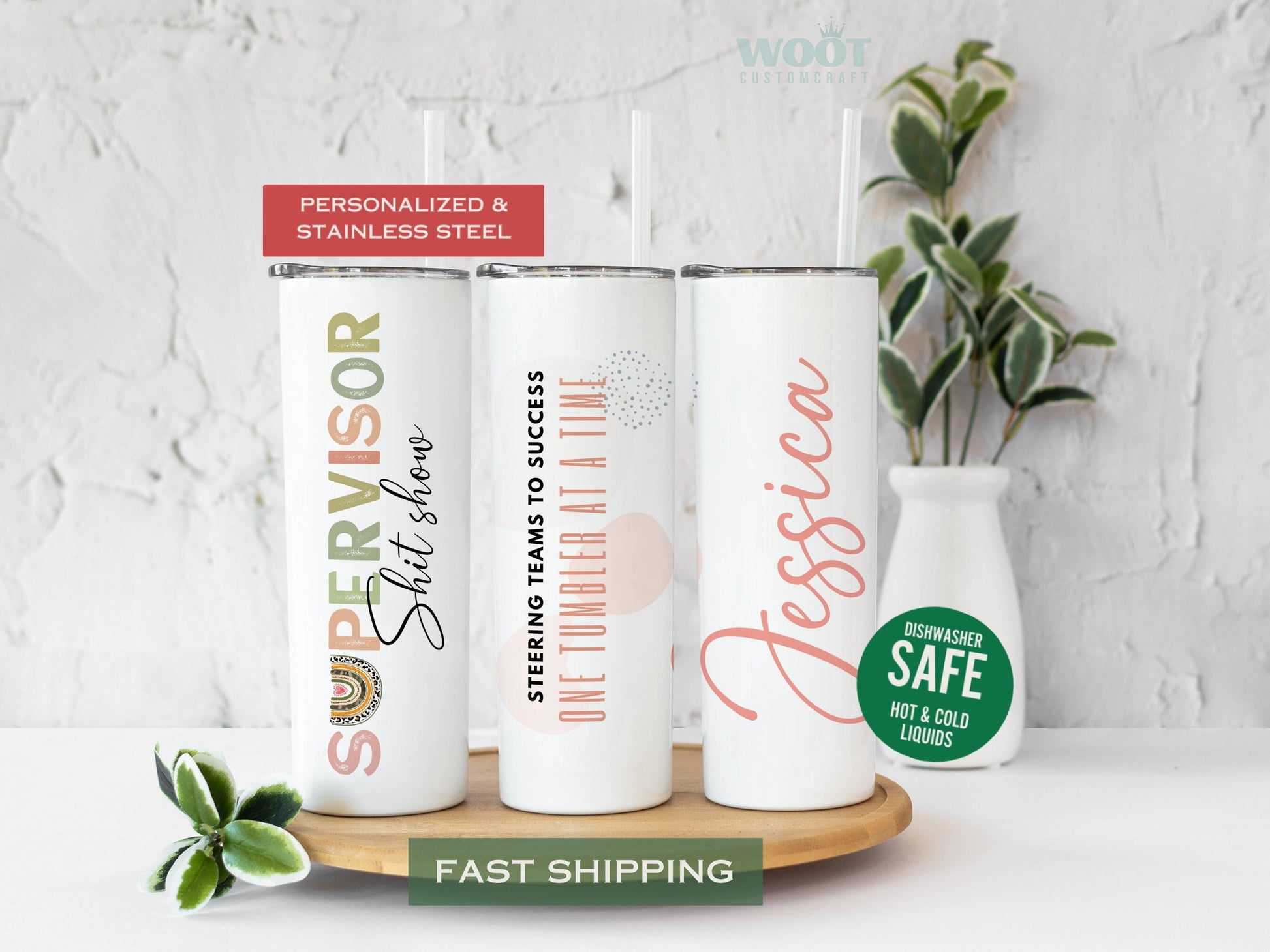 Three tumblers are showing all sides of a Shit Show Supervisor Tumbler. There is a text that says Streering teams to success one tumbler at a time and a personalized name.