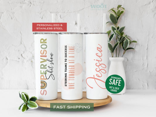 Three tumblers are showing all sides of a Shit Show Supervisor Tumbler. There is a text that says Streering teams to success one tumbler at a time and a personalized name.