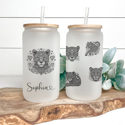Personalized Jaguar Frosted Glass Cup - Custom Iced Coffee Tumbler for Jaguar Lovers