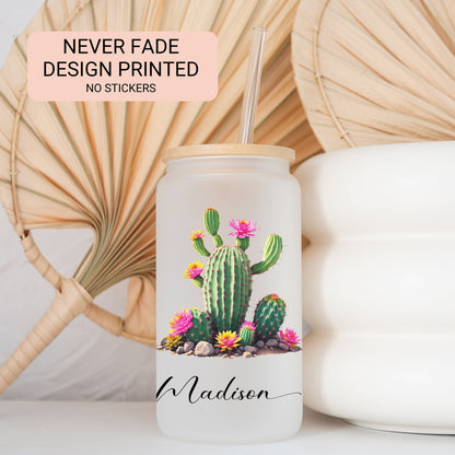 Personalized Cactus Frosted Glass Cup - Custom Tumbler for Iced Coffee Lovers