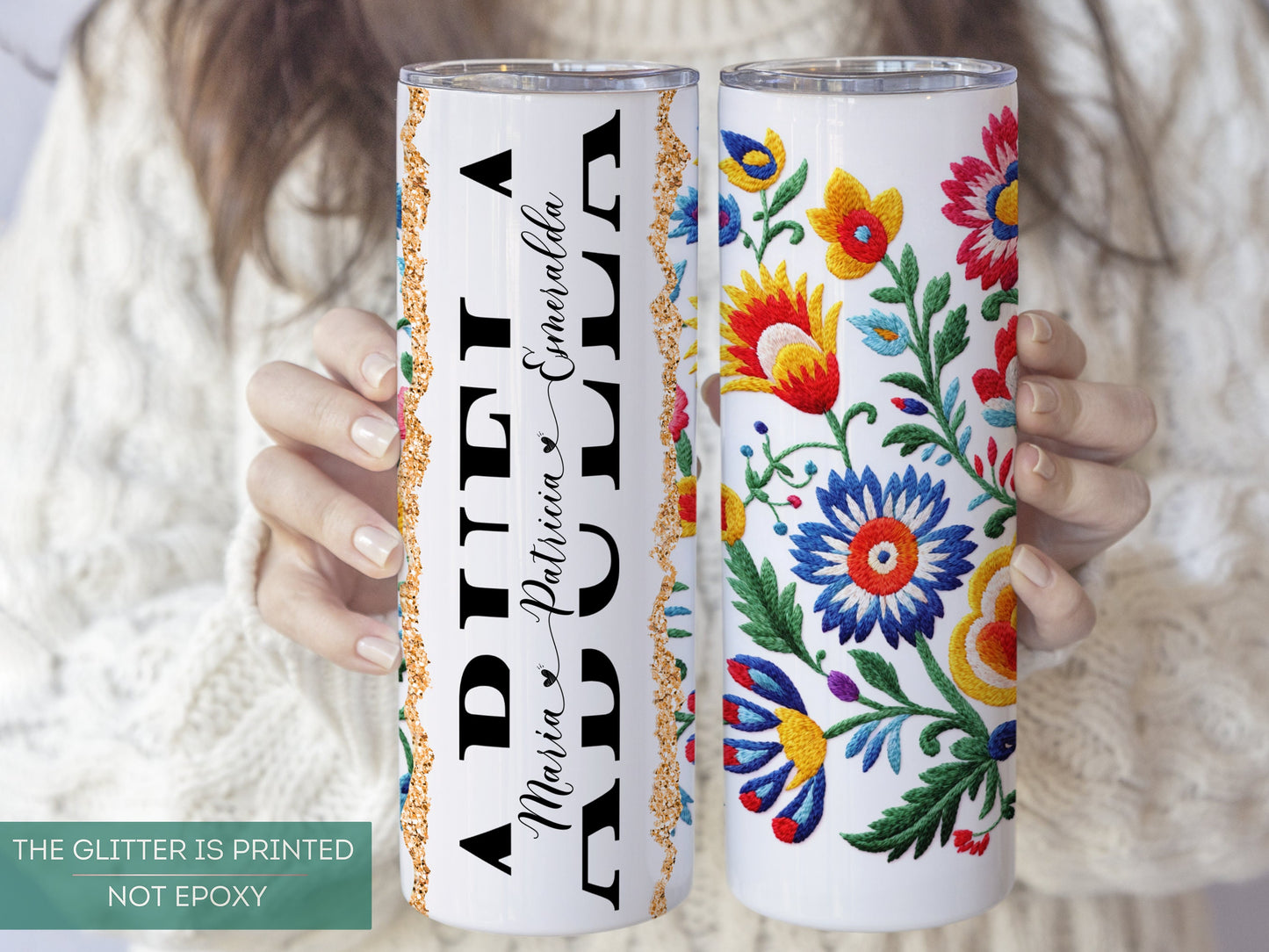 Personalized Abuela Tumbler - Custom Mexican Embroidery Travel Cup with Grandkids' Names