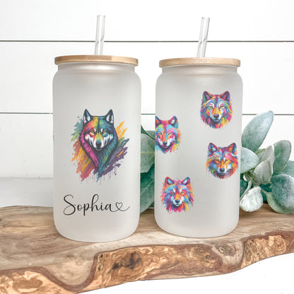Personalized Wolf Frosted Glass Tumbler - Custom Iced Coffee Cup for Wolf Lovers