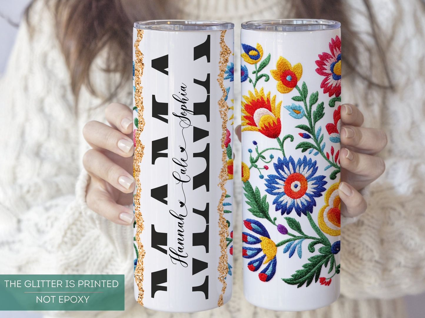 Custom Mama Tumbler - Personalized Gift with Kids' Names and Mexican Embroidery Design