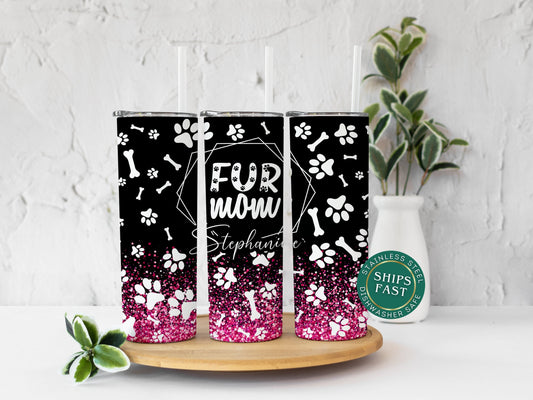 Personalized Fur Mom Travel Tumbler - Custom Paw Print Gift for Pet Lovers