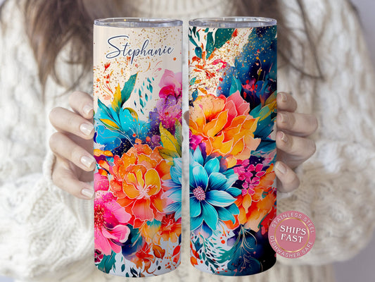 Personalized Floral Tumbler with Glitter - Custom Flower Design for Mom or Her