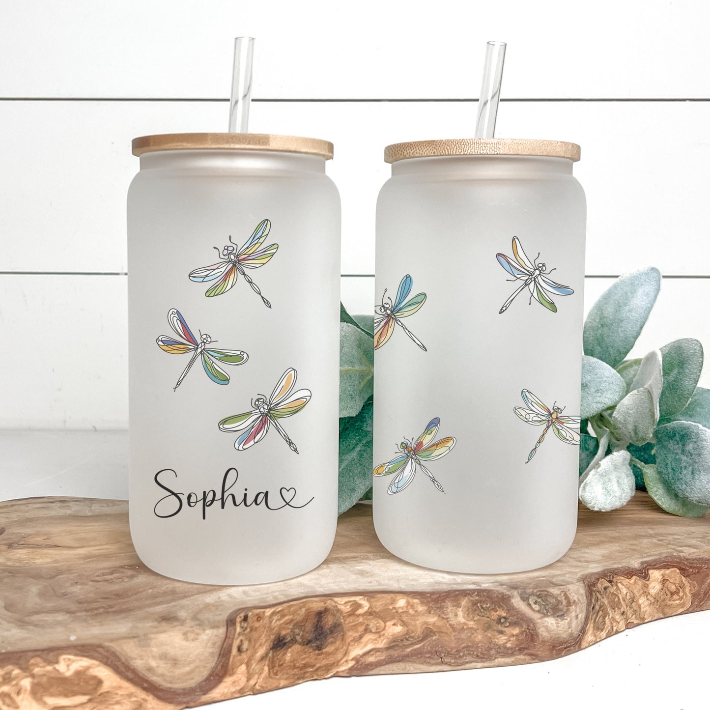 Personalized Dragonfly Glass Tumbler - Custom Iced Coffee Cup