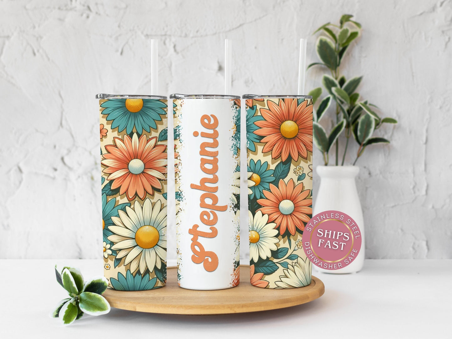 Personalized Retro Floral Tumbler - Custom Vintage Daisy Groovy Gift