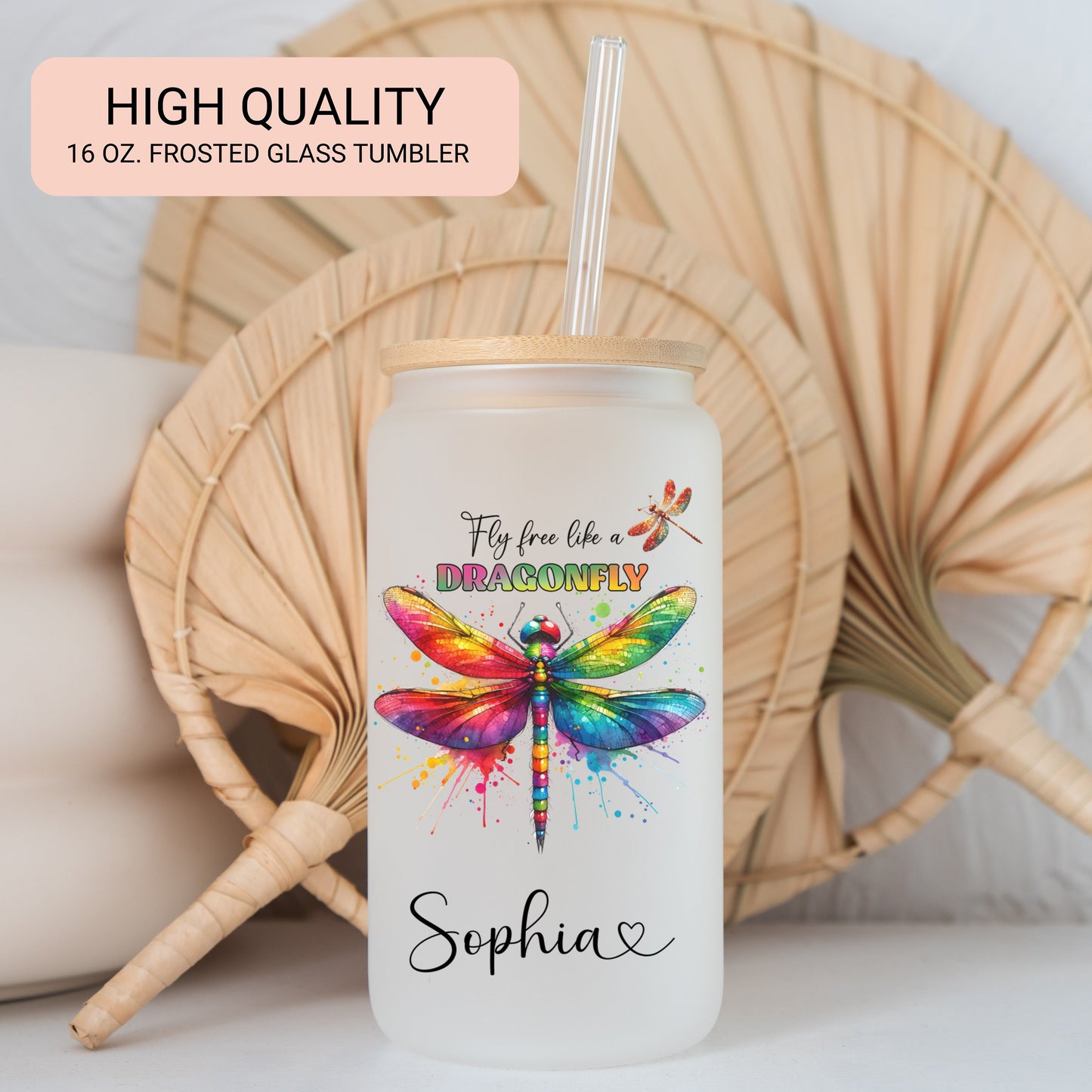 Personalized Dragonfly Frosted Glass Tumbler - Custom Fly Free Iced Coffee Cup