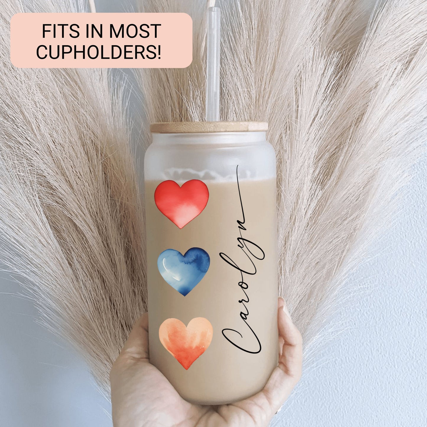 Personalized Watercolor Heart Tumbler - Frosted Glass Gift for Coffee Lovers