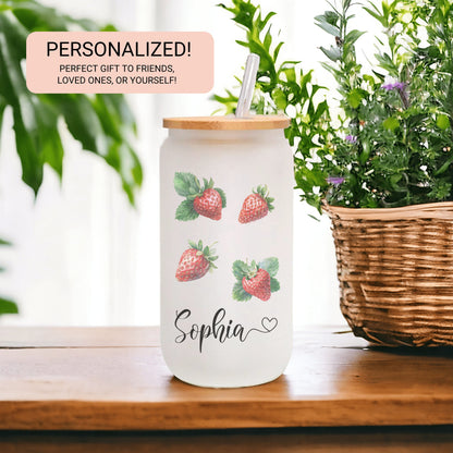 Personalized Strawberry Frosted Glass Tumbler - Custom Iced Coffee Cup for Fruit Lovers