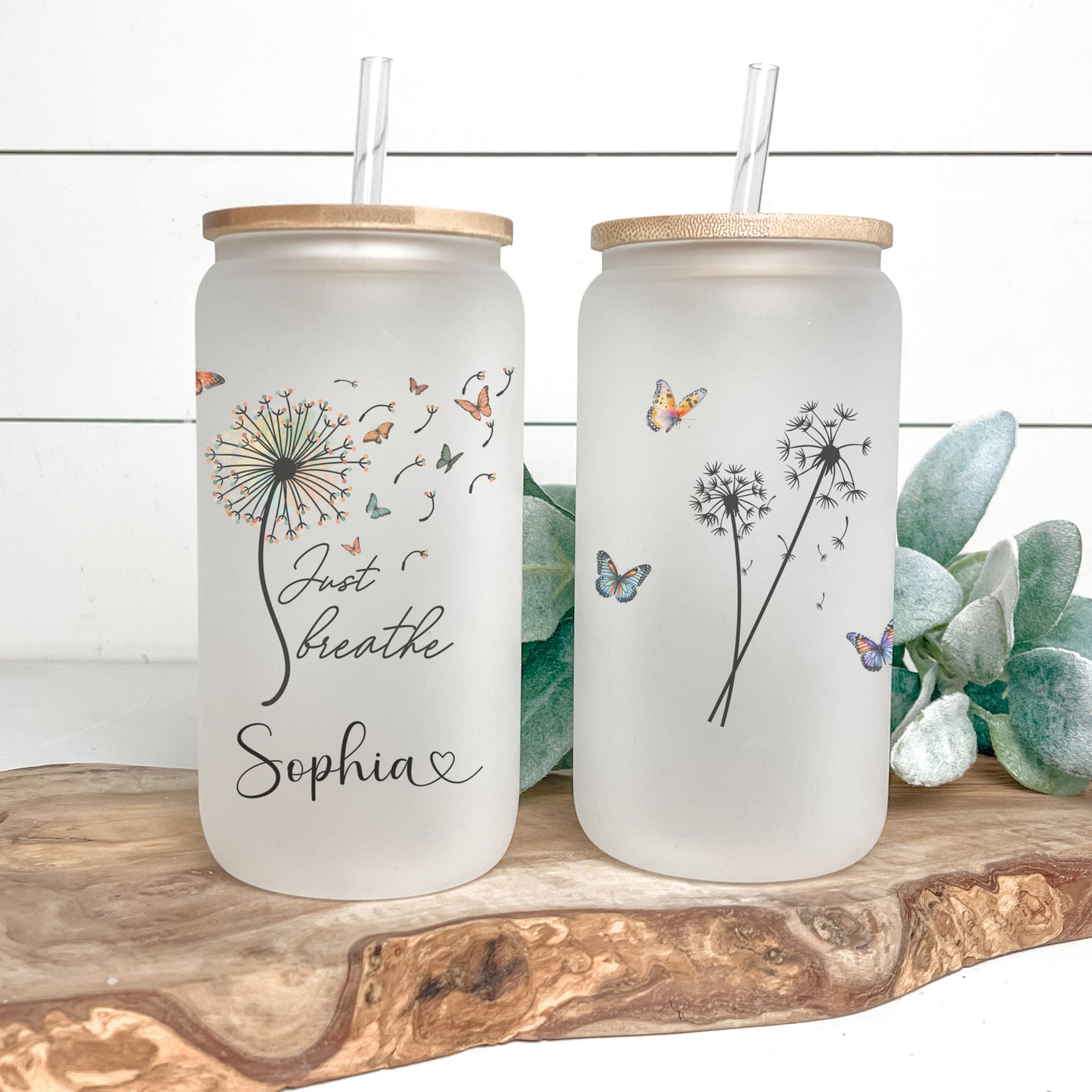 Personalized Just Breathe Frosted Glass Cup - Custom Engraved Can Gift