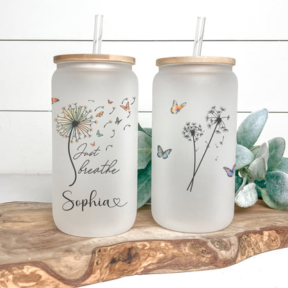 Personalized Just Breathe Frosted Glass Cup - Custom Engraved Can Gift
