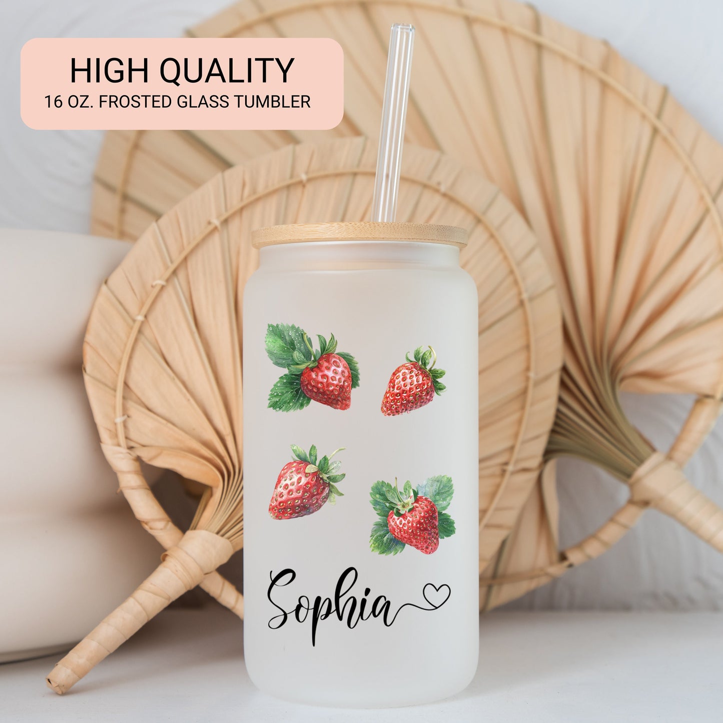 Personalized Strawberry Frosted Glass Tumbler - Custom Iced Coffee Cup for Fruit Lovers