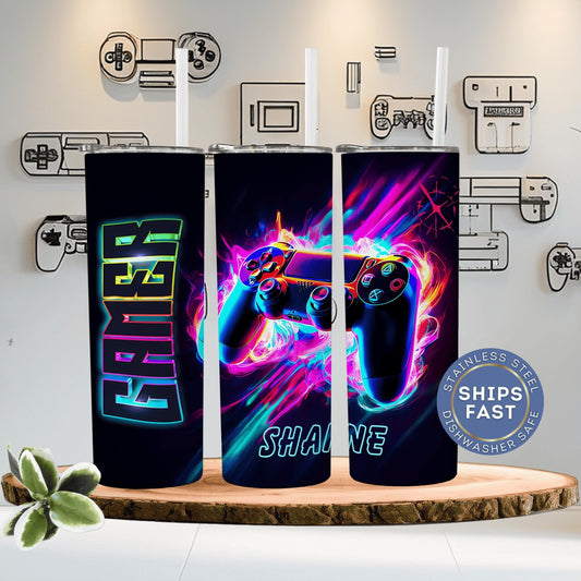 Personalized gaming tumbler designed as a custom video game cup perfect for gamer boyfriends ideal for keeping drinks cool during gaming sessions