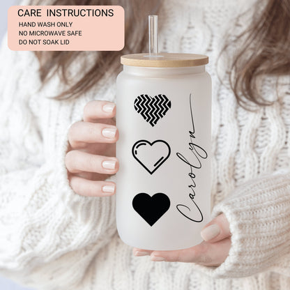 Heart Cup Personalized, B&W Heart Glass Cup, Custom Heart Frosted Glass Cup, Heart Glass Tumbler B and W, Heart Iced Coffee Cup Love Cup