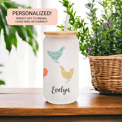 Personalized Chicken Frosted Glass Tumbler - Custom Iced Coffee Cup Gift