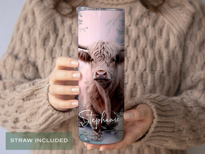 Personalized Winter Highland Cow Tumbler - Christmas Gift for Cow Lovers
