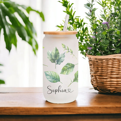 Personalized Green Leaves Frosted Glass Cup - Iced Coffee Tumbler