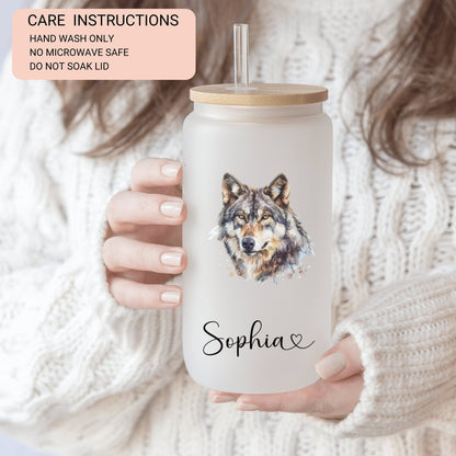Personalized Frosted Wolf Glass Cup - Custom Iced Coffee Tumbler