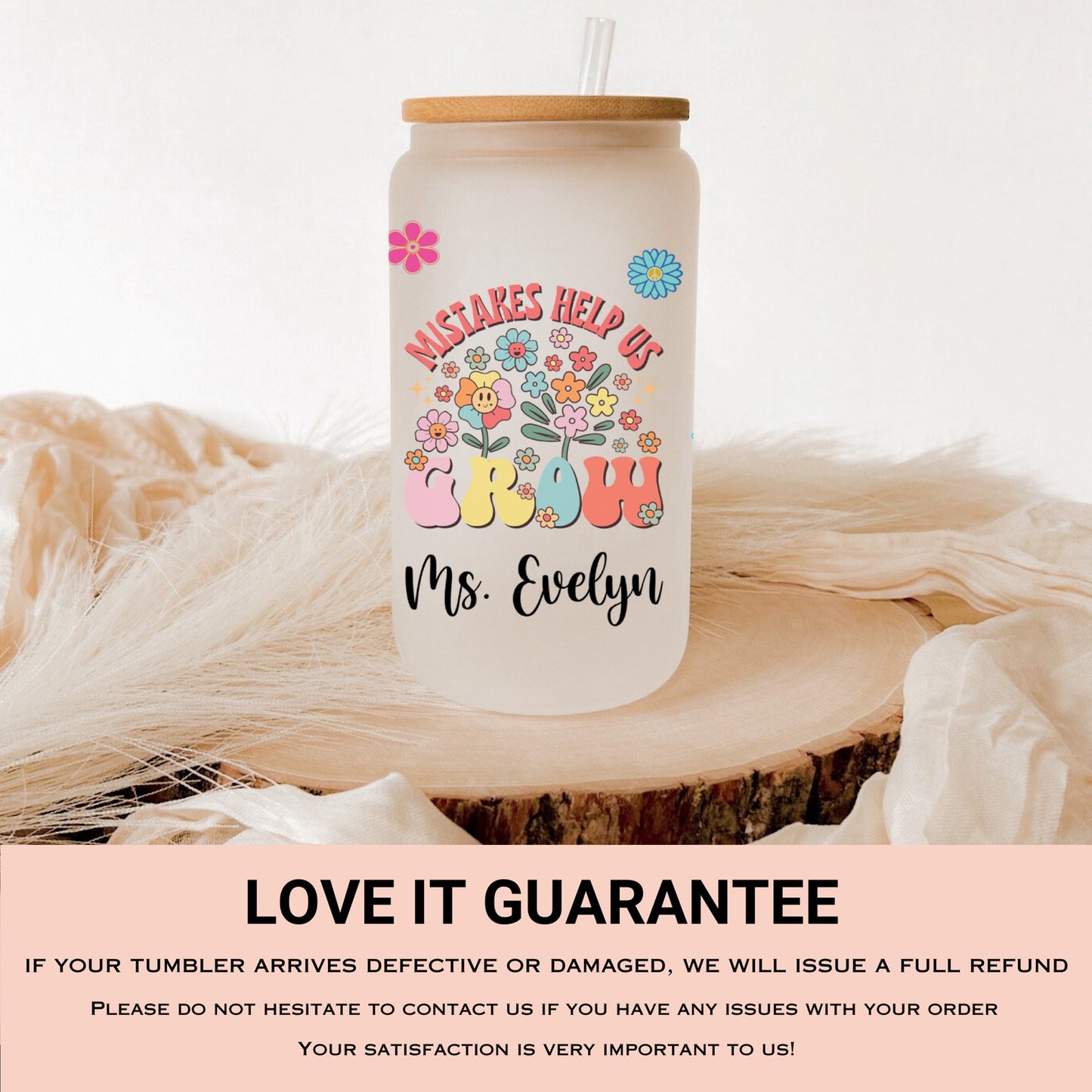 Personalized Teacher Frosted Glass Tumbler - Custom Iced Coffee Cup Gift