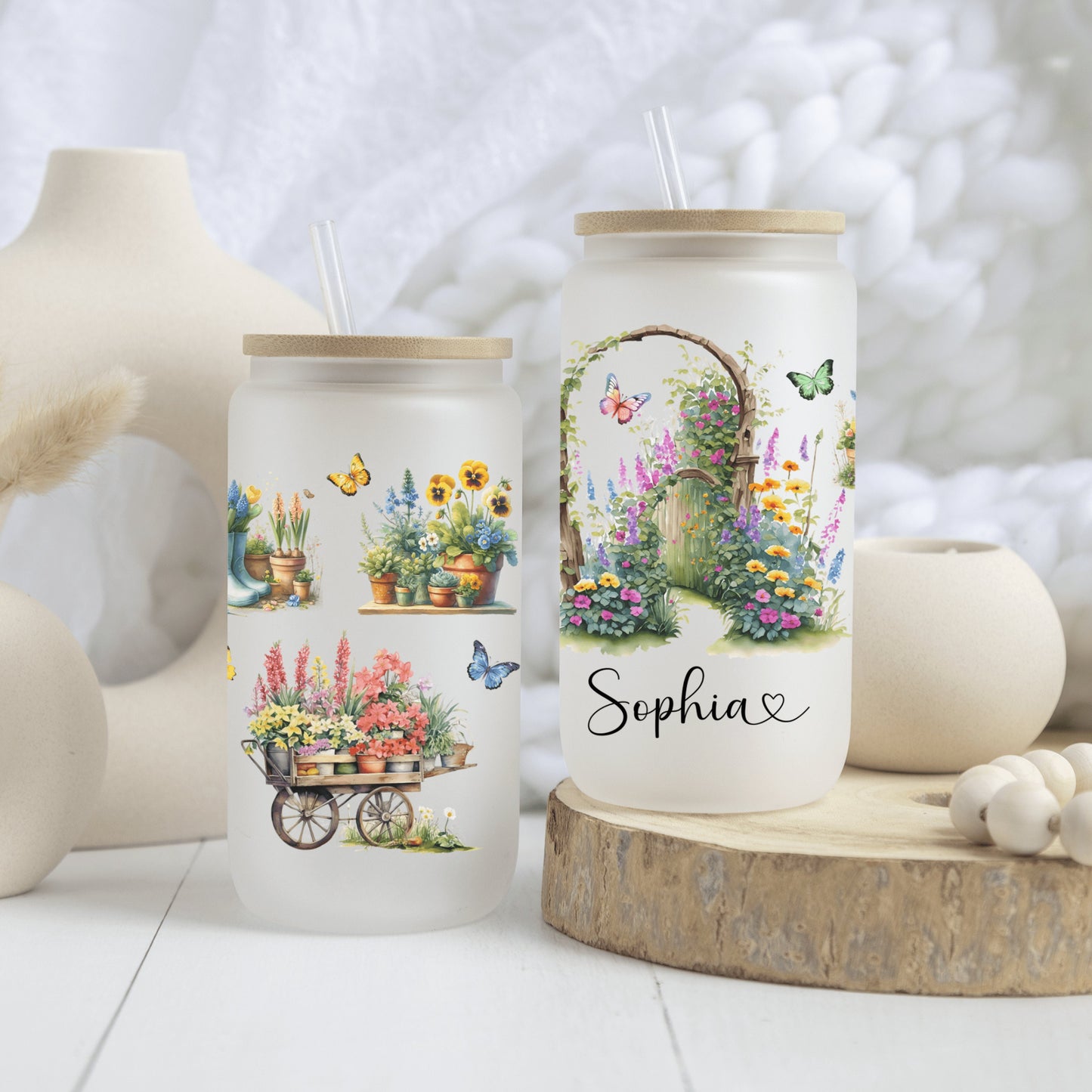 Personalized Plant Lover Frosted Glass Cup - Custom Iced Coffee Tumbler