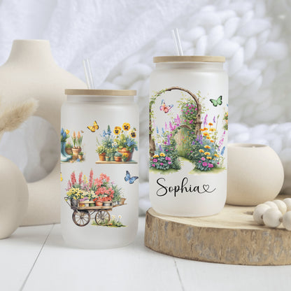 Personalized Plant Lover Frosted Glass Cup - Custom Iced Coffee Tumbler
