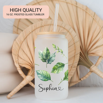 Personalized Green Leaves Frosted Glass Cup - Iced Coffee Tumbler