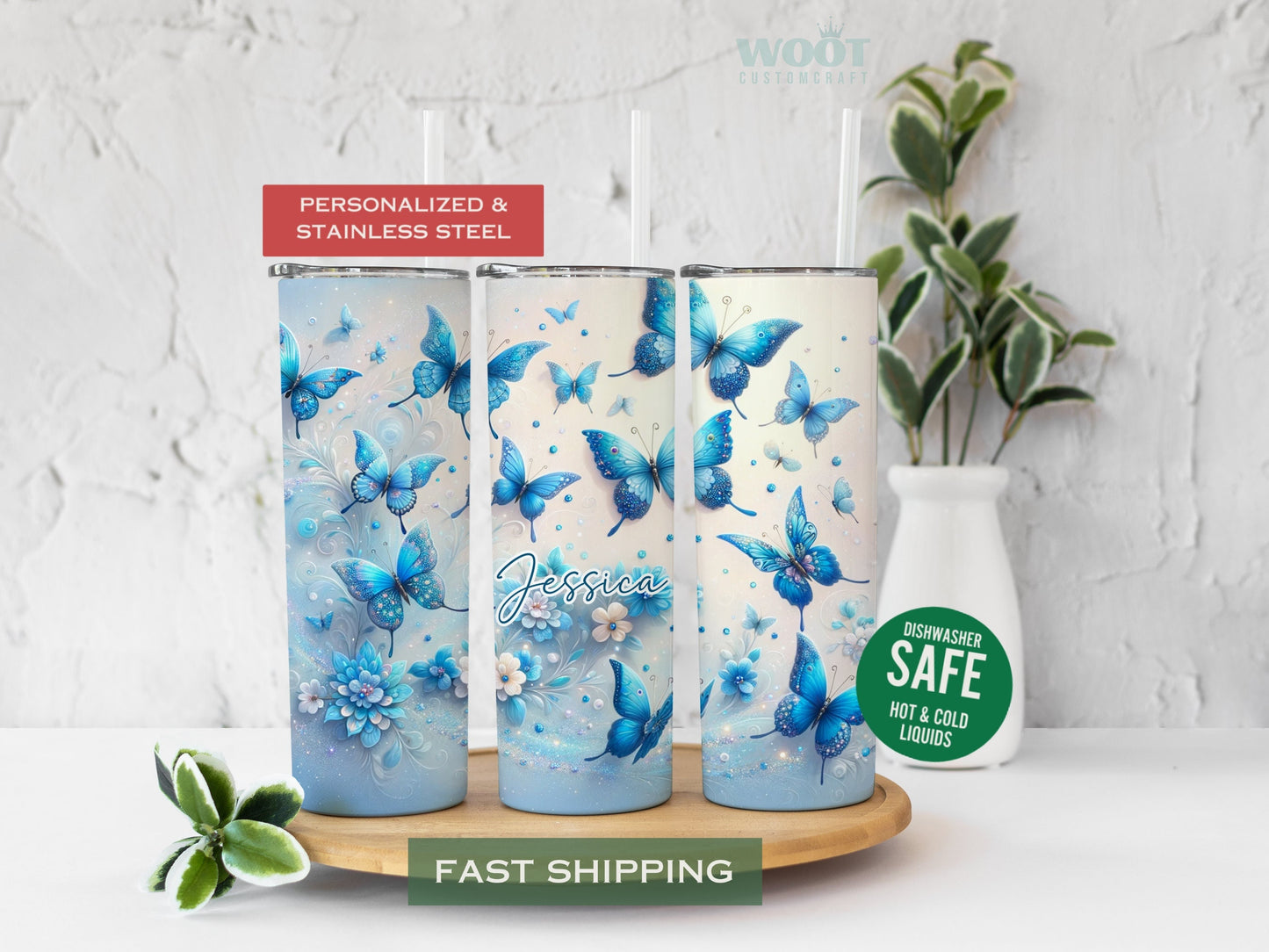 Three tumblers show all the sizes of a Glitter Pink Butterflies Tumbler with a personalized name.