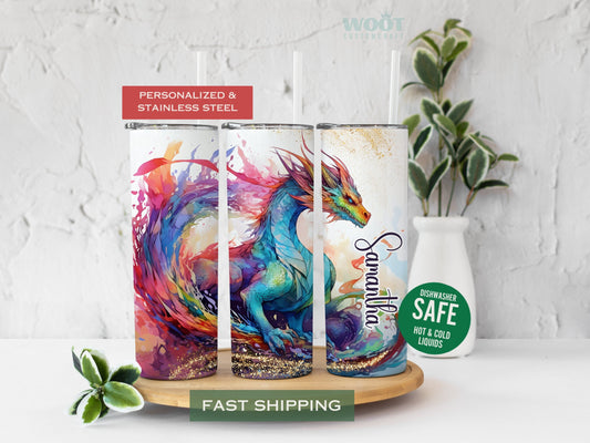 Three tumblers are showing all sides of a Dragon Tumbler. There is a mighty dragon sitting on a branch, and the personalized name is on the side of the tumbler.