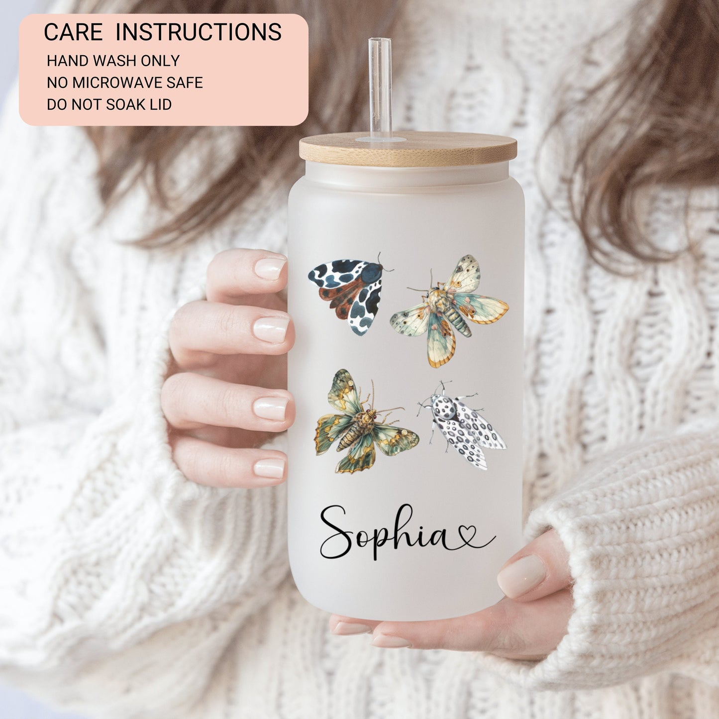 Personalized Moth Glass Cup - Custom Iced Coffee Tumbler for Lovers