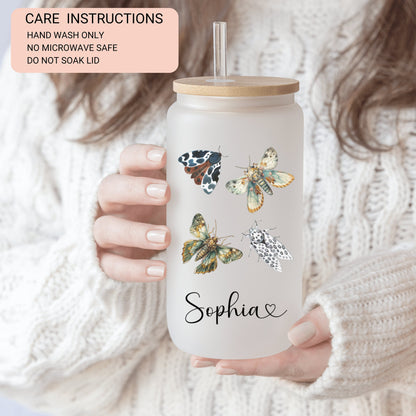 Personalized Moth Glass Cup - Custom Iced Coffee Tumbler for Lovers