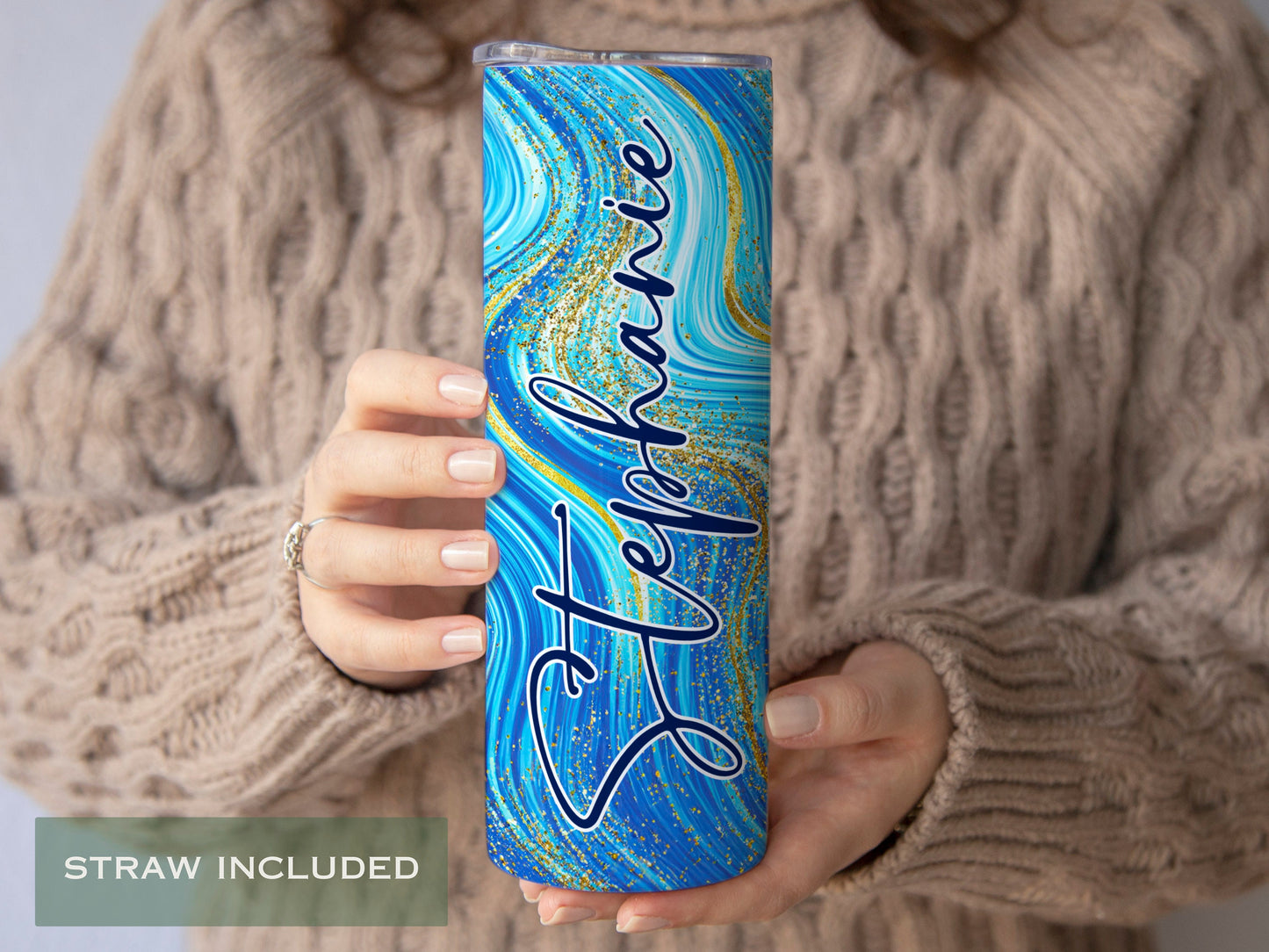 Personalized Blue Glitter Swirl Tumbler - Mothers Day or Bridesmaid Gift