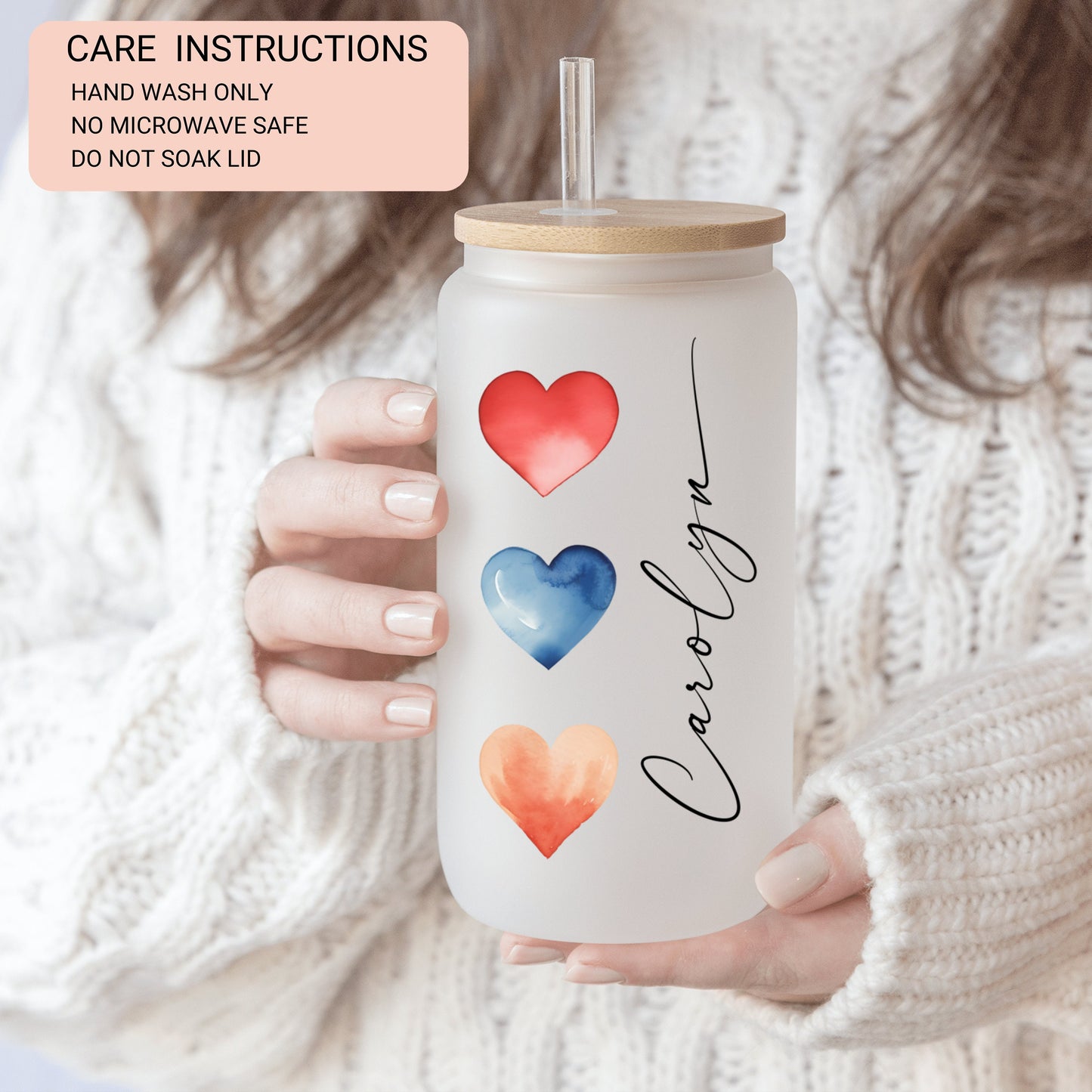 Personalized Watercolor Heart Tumbler - Frosted Glass Gift for Coffee Lovers