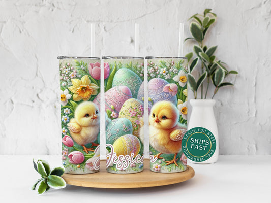 Personalized Easter Tumbler - Floral Embroidery & Spring Baby Chicks Design