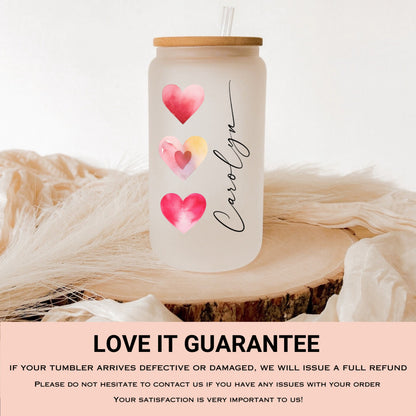 Red Heart Cup Personalized, Red Heart Glass Cup, Custom Red Heart Frosted Glass Cup, Red Heart Glass Tumbler, Red Heart Iced Coffee Cup Gift