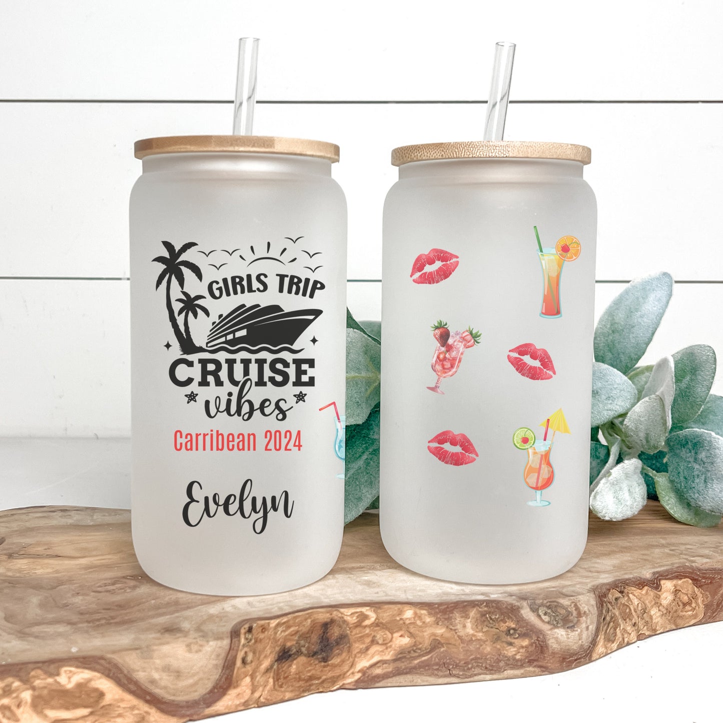 Personalized Frosted Glass Cup - Custom Cruise Tumbler for Girls Trip