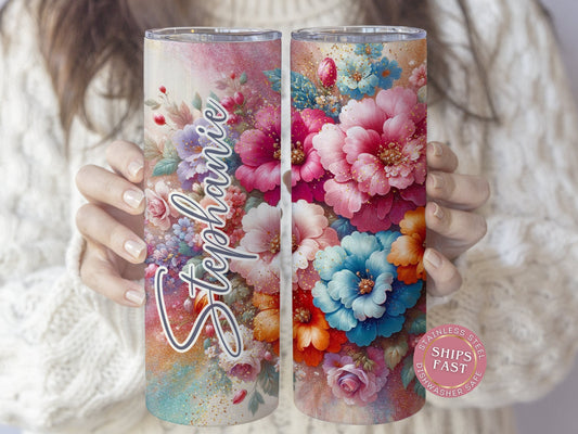 Personalized Floral Peony Tumbler - Glitter Spring Gift for Moms